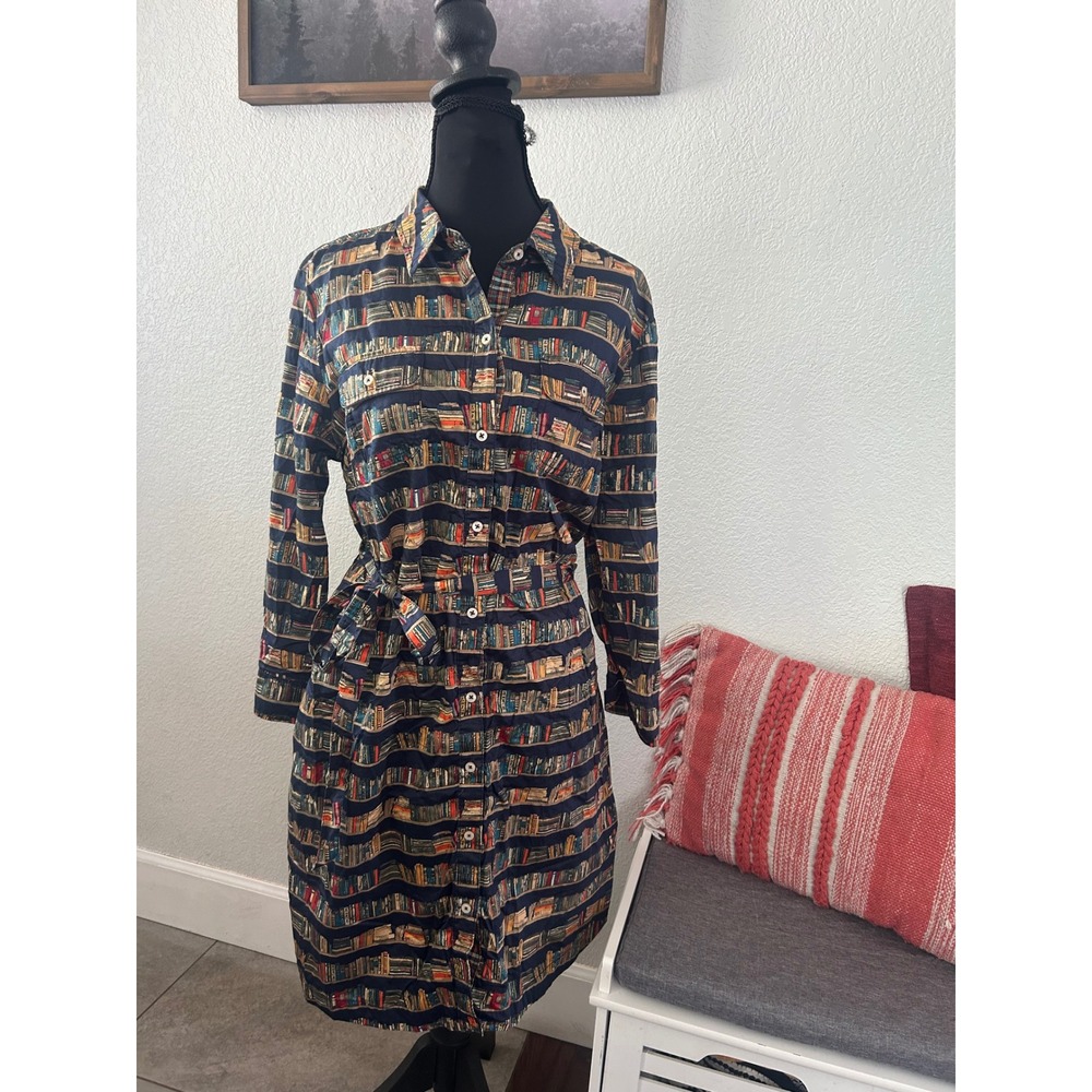 RARE Tommy Hilfiger library Book Print Shirt Dress Navy Long Sleeve Belted Mini